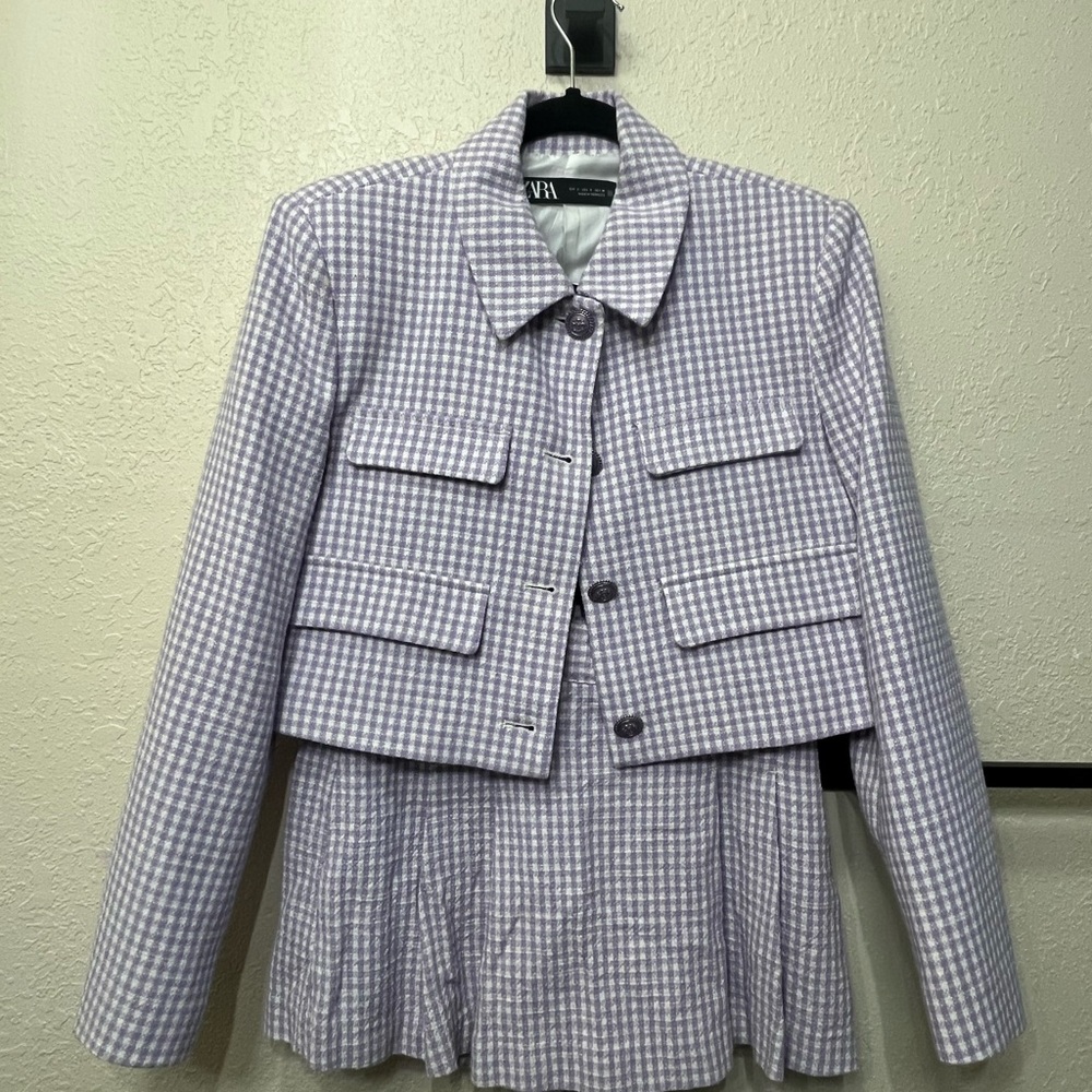 ZARA Lavender and White Houndstooth Cropped Jacket